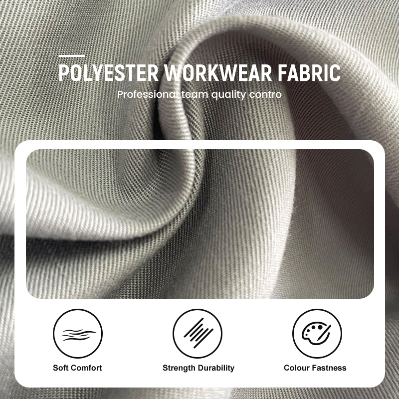 Close-up of polyester workwear fabric showing twill weave and soft handfeel