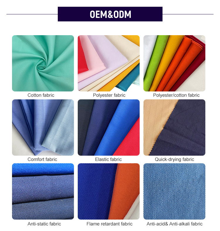 OEM and ODM workwear fabric range including cotton, polyester, elastic, anti-static and flame retardant fabrics
