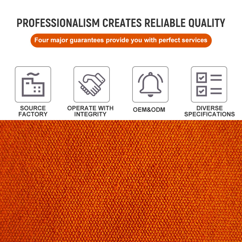 Four service guarantees — source factory, integrity, OEM and ODM, diverse specifications — over an orange workwear fabric close-up