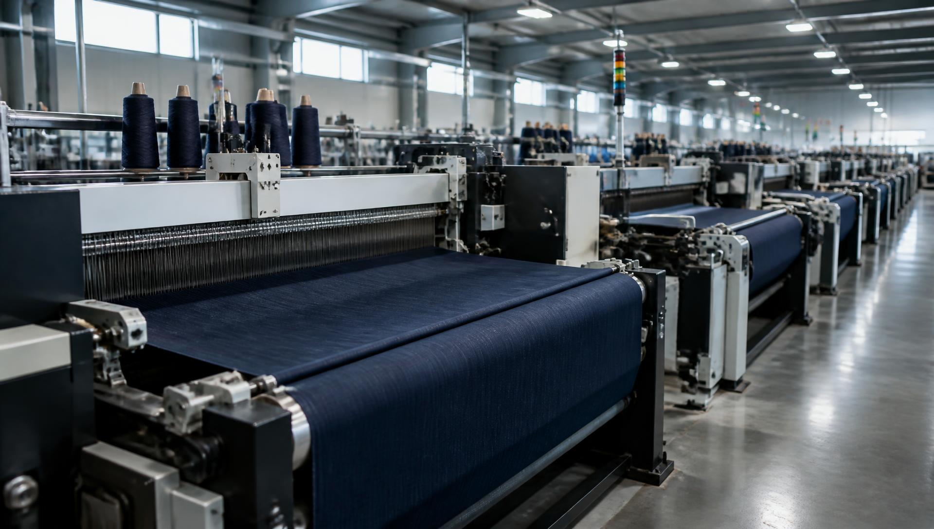 Air-jet looms weaving navy workwear twill fabric inside the DSNZ mill